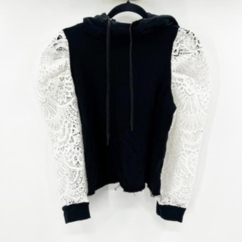 Alice + Olivia‎ Jeans Black White Lace Puff Sleeve Hoodie Cropped S CD007W40003R